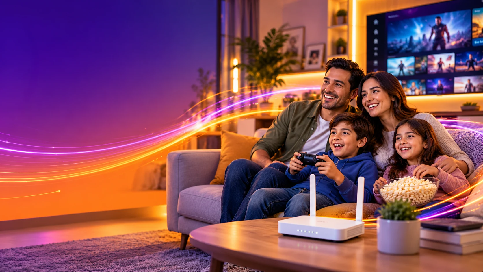 Familia disfrutando Internet y videojuegos en casa