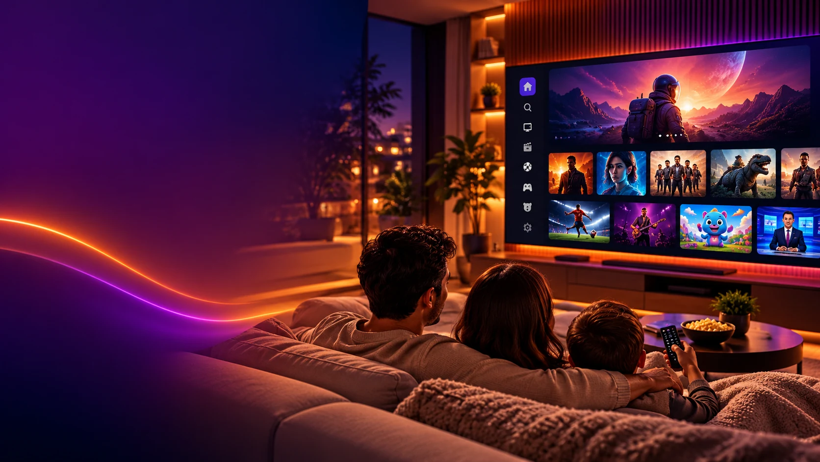 Familia disfrutando una gran pantalla de televisión digital con series y deportes