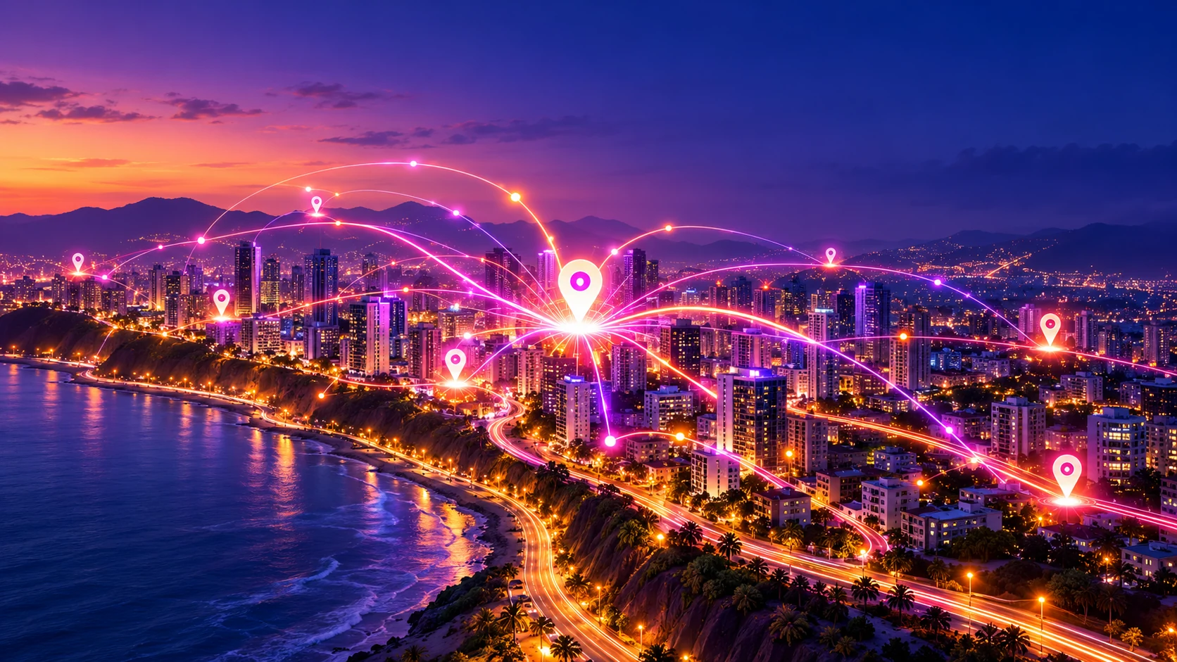 Visualización artística de una ciudad conectada por fibra óptica